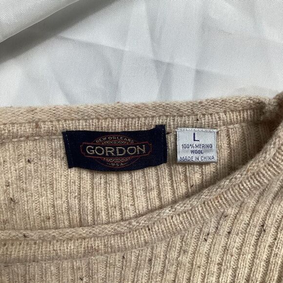 New Orleans Gordon Mens 100% Merino Wool Sweater Sz L Ribbed Speckled Beige - Picture 7 of 7